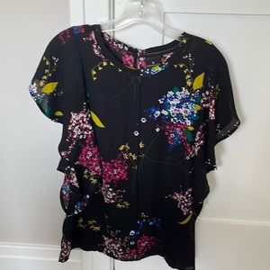 Black and floral flutter/batwing sleeve blouse